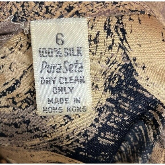 Vintage Pura Seta Silk Secretary Blouse 6 Bronze Swirls Satin Bow High Neck - Picture 6 of 6